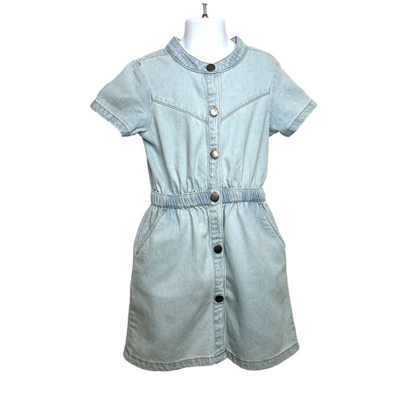 Cotton On Kids Girl Light Blue Denim Dress 6 Snap Buttons Short Sleeve Band Neck - Picture 1 of 16